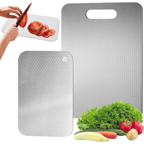 2 Pièces Planche à Découper en Acier Inoxydable, Planche à Découper en Titane, Chopping Board pour Viande, Fruits et Légumes(34 x 23cm+24 x 15cm) (1/5)