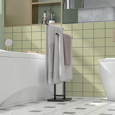 Porte-serviettes sur pied en métal à deux niveaux pour salle de bain, dimensions 50 cm (largeur) x 18,5 cm (profondeur) x 85 cm (hauteur), noir (1/5)