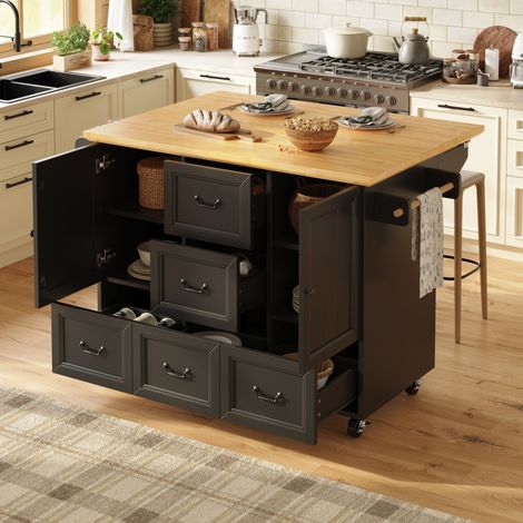 Carrito de cocina 140x73x93 cm con 2 puertas, 5 cajones, bandeja plegable, estantes ajustables, toallero, especiero, en MDF, negro (1/5)