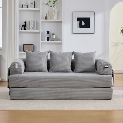 Modulares Sofa 200/190 cm aus Cord, Hellgrau, mit Seitentasche und 3 Kissen (1/5)