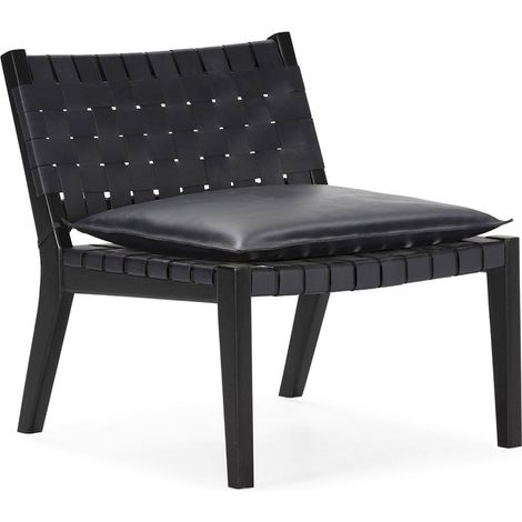 Fauteuil en teck et cuir noir design contemporain élégant - noir profond et bois foncé (1/4)