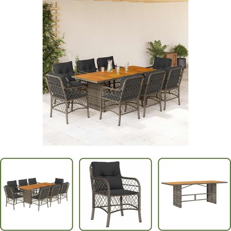 Gartenessgruppe - 9-tlg. Garten-Essgruppe mit Kissen Grau Poly Rattan (1/5)