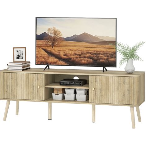TV-Ständer (165 cm), 2 Türen, 2 offene Regalfächer, verstellbarer Einlegeboden, 140 x 35 x 49 cm, Eiche
