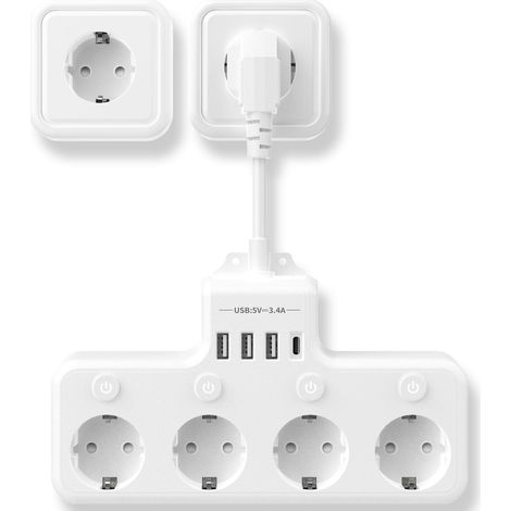 Prise Multiple Murale avec USB C, Multiprise 4 Prises Parafoudre et Surtension avec Interrupteur Individuel, Multi Prise Plate Murale, Bloc Multiprise pour Bureau de Cuisine (1/5)