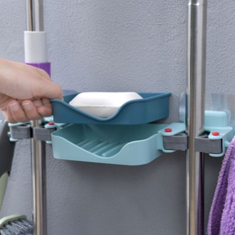 Porte-savon 3 en 1 pour balai et serpillière, fixation murale, crochet, égouttoir, porte-savon, porte-balai et porte-cartes pour cuisine et toilettes, bleu, taille unique (1/5)