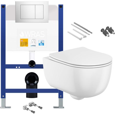Gloss White Rimless Wall Hung Toilet with Low Height 0.75m Concealed Cistern Frame Set - Chrome Plate (1/4)
