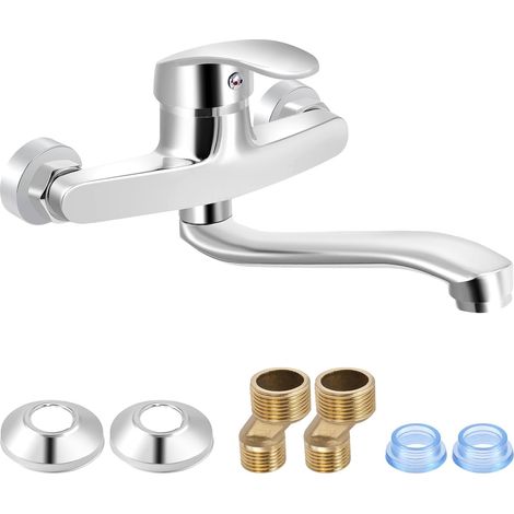 Robinet de cuisine mural Robinet pivotant à 360° en acier inoxydable avec saillie de 25 cm Mitigeur monocommande froid et chaud Raccordement G1/G2 G3/G4 Robinet mural