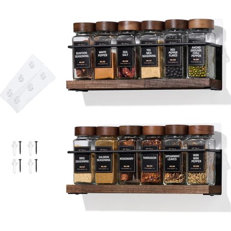 Étagère à épices murale à 2 niveaux – Support à vis/adhésif, rangement à épices en métal noir et bois pour placard de cuisine, garde-manger, 29 x 6,1 x 8,1 cm (L x l x H), pots à épices non (1/5)