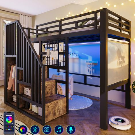 Litera 90x200 cm – Cama de hierro con escalera de almacenamiento, barandillas, cama alta infantil compatible con proyector y LED, sin colchón (1/5)