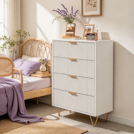 Buffet de rangement, Commode à 4 tirtors 60 x 34 x 91 cm, Meuble bas, Armoire Tiroirs, Buffet pour Salon, Chambre, Salle à Manger, Blanc (1/5)