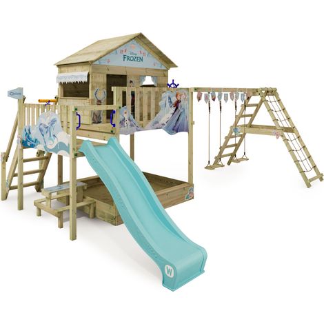 WICKEY Parco giochi in legno Disney Quest Giochi da giardino con altalena e scivolo Casa su palafitte da esterno con sabbiera e scala di risalita per bambini - Frozen (1/5)