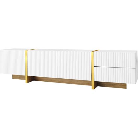 Meuble TV 190 cm blanc avec portes et tiroirs, accents or et bois (1/5)