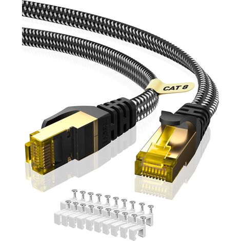 Cat 8 Câble Ethernet 8M, Cat8 Tressé Plat Haut Débit (40Gbps 2000Mhz/s) Gigabit Rj45 STP Câble Blindé Internet Réseau Lan Patch pour Modem Routeur Ordinateur TV PC (1/5)