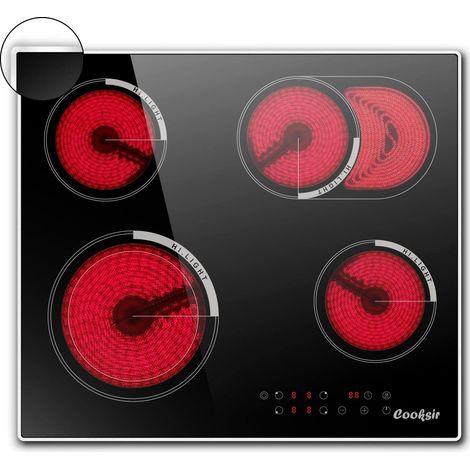 Plaque Vitrocéramique 4 Feux, Plaque Vitrocéramique avec bord inox, 59cm, Plaque de Cuisson électrique avec Double et Feux Ovale, 6700W, Sécurité Enfants, Sans Prise,Glaskeramik-Kochfeld