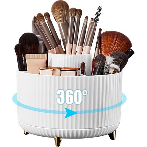 Organisateur Maquillage Rotatif - 1 Pièce - Plastique Robuste - Rotation 360° 5 Compartiments - Salle de Bain Bureau - Blanc 15x12,5cm (1/5)