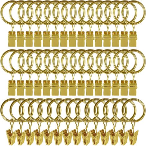 Lot de 45 anneaux de rideaux avec pinces - Dorés, pinces robustes, crochets de fixation pour tringle à rideaux, crochets décoratifs pour rideaux et cadres de fenêtres avec trou métallique.
