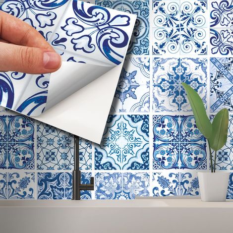 Stickers Carrelage Credence Adhesive Pour Cuisine Stickers Muraux Auto-Adhésif Résistant à l'huile Imperméable à l'eau Réutilisable Amovible Maison Blue Turkish Mediterranean 24pcs 15cm(6") (1/5)