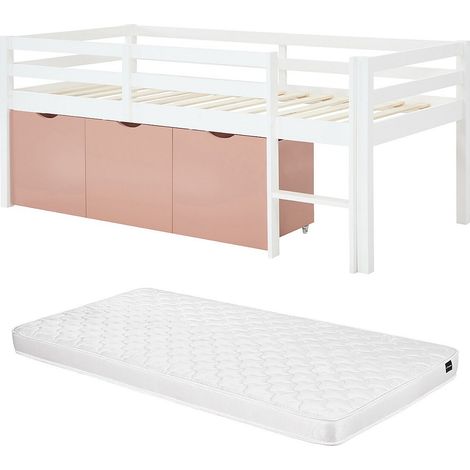 Letto mezza altezza 90 x 190 cm con contenitore - Pino e MDF - Bianco e rosa + Materasso - LANIORI