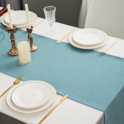 Chemin de table toile de jute, 40x180 cm, Etanche, Style moderne, Design classique, Convient pour maisons, salle à manger, Bleu (1/5)