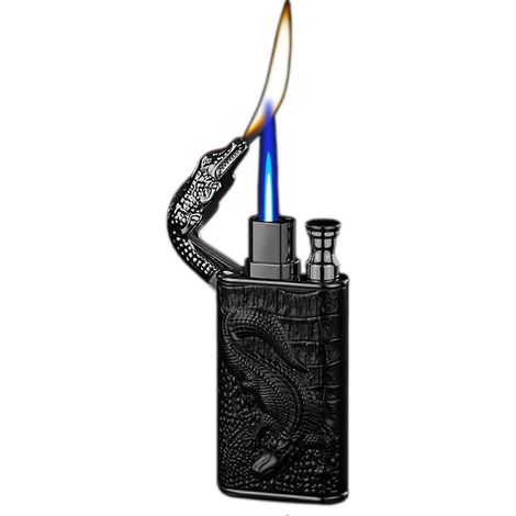 Briquet à double flamme Crocodile-Relief Magics, coupe-vent, rechargeable au butane, en métal, pour le camping et les bougies. Couleur : F (1/4)