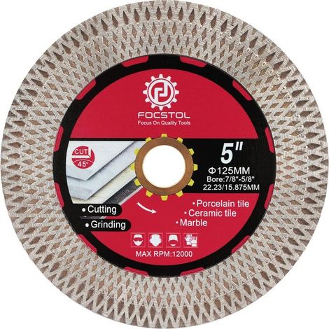 Diamanttrennscheibe – Sägeblatt – Doppelseitiges X-Gitter – Schneidet Porzellan, Keramik, Marmor, Granit – Nass- und Trockenbearbeitung – Schwarz – 125 x 22,23 mm (1/5)