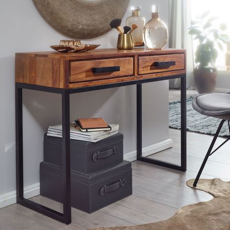 Console 2 tiroirs 90x35,5x76,5 cm en bois de sheesham marron et noir (1/5)