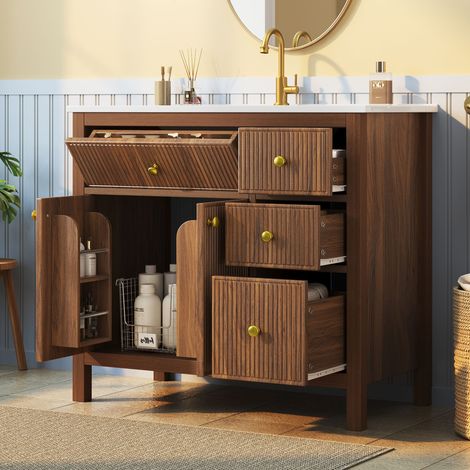 Modernluxe - Meuble sous-vasque sur pied 91 cm - Vasque en céramique - Façades rainurées 3D - 4 tiroirs et 1 porte - Marron (1/5)