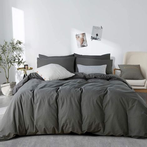 Bettbezug 200 x 230 cm Baumwolle Anthrazit Uni - Bettwäsche-Set für 2 Personen mit Reißverschluss - Natürliche Knitteroptik Bettbezug mit 2 Kissenbezügen 65x65 cm (1/5)