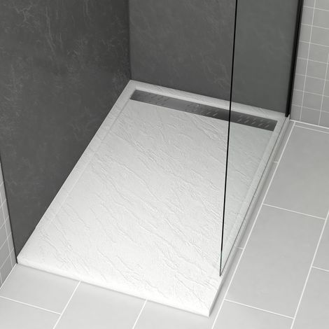 receveur en acrylique blanc effet pierre 90x140x5 cm + grilles linéaires chrome et gun metal