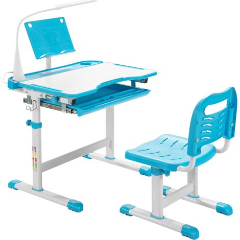 Set scrivania e sedia per bambini con altezza regolabile, Scrivania e sedia con leggio per libri e luce LED Blu (1/3)