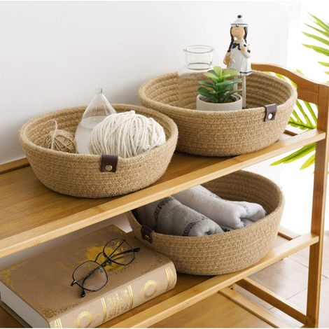 Ensemble de 3 paniers de rangement en corde de coton tressée, paniers ronds en coton et lin pour l'organisation du bureau, corde de chanvre (1/5)
