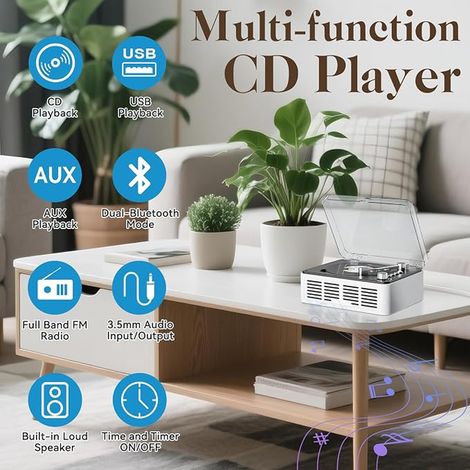 Lecteur CD avec Enceintes Son Stéréo HiFi, Lecteur de CD Vintage Bluetooth pour la Maison, Lecteur CD avec Radio FM et Télécommande, Prend en Charge la Lecture Via USB/AUX/Type-C (Blanc) (1/4)