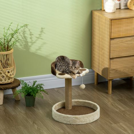 Katzenbaum mit pfotenförmigem Kratzbaumstamm, 2 Plattformen und einem hängenden Pompon, 44 cm hoch, braun