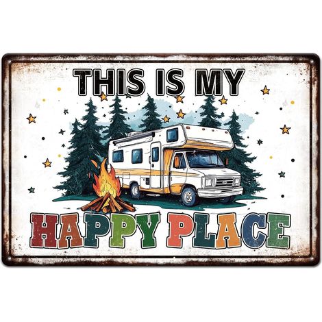 Plaque en étain métallique de camping-car et de feu de camp 20x30 cm "Happy Space" (Espace heureux), Peinture en étain vintage, Plaques, Affiche murale, Plaque pour la cabane de camping, camping-car, (1/5)