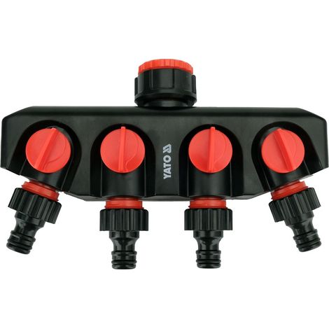 YATO 4-Wege Wasserverteiler Wasserhahnverteiler mit 4 Ventilen für 3/4"- oder 1"-Gewinde, Adapterstücke UV-beständig, ABS/POM, Gartenschlauch Verteiler für Gartenbewässerung