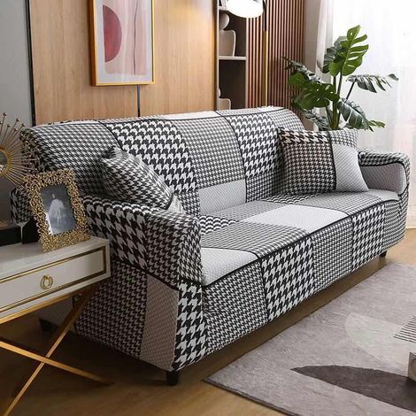 Housse de Canapé 2 Place 140180cm Couverture Canapé avec Accoudoirs Moderne Couvre Canapé Elastique Universelle Revêtement de Canapé Housse de Protection Plaid noir et blanc