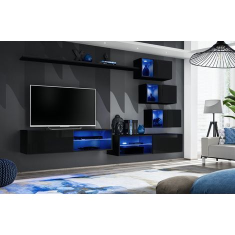 Ensemble meuble TV mural Switch XXIV - L 260 x P 40 x H 170 cm - Noir - Livraison gratuite