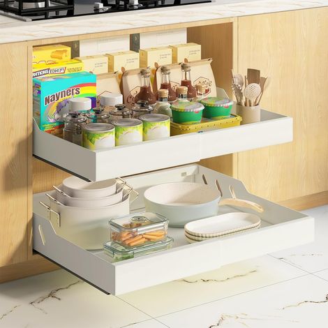 Lot de 2 Tiroirs Coulissants Cuisine, Tiroir Télescopique Métallique, Largeur 32–53 cm, Organisateur d'Armoire, Montage Vis/Ruban Adhésif, Blanc Crème (1/5)