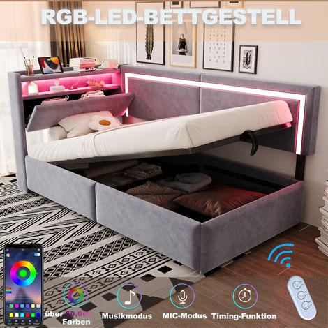 Lit capitonné canapé-lit 90x200 cm avec LED et ports USB, tête de lit ouvrable pour rangement, rangement hydraulique sous le lit, velours gris clair, design pratique (1/5)
