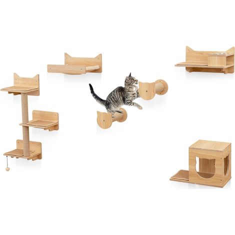 GOPLUS Arbre a Chat Mural avec Hamac Confortable, 2 Griffoirs, 5 Plateformes, 1 Niche, Tapis et Un Pompon Suspendu, Arbre à Chat Montage Personnalisée Mural pour Salon, Chambre (Forme Chaton) (1/5)