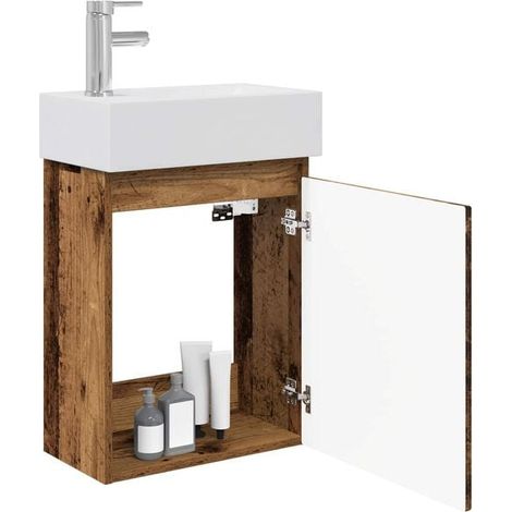 Meuble de Salle de Bain avec Robinet, Design en Bois Massif Style Rétro Vintage, Meuble Vasque avec Plan de Toilette Intégré, Storage Cabinet pour Salle d'Eau (1/5)