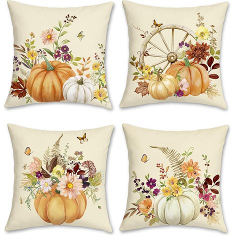 Fundas de cojín decorativas de otoño (45 x 45 cm) en color beige y naranja, con estampado de calabazas y hojas, para sofá o sillón (juego de 4). (1/5)
