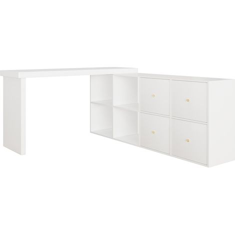Bureau d'angle avec plateau pivotant 360°, MDF renforcé, 4 tiroirs et 4 compartiments, blanc (1/5)