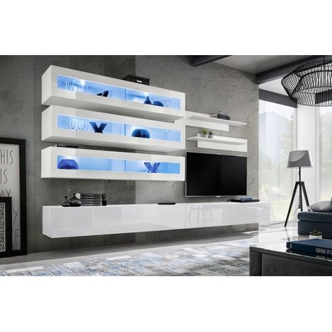 Ensemble mural - FLY J - 3 rangements LED - 2 meubles TV - 2 étagères - Blanc - Modèle 1 - Livraison gratuite
