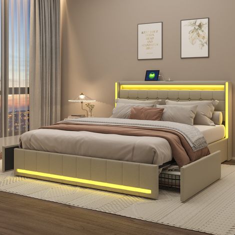 Lit adulte 160x200 avec éclairage LED et chargement USB-4 tiroirs de rangement-Structure de Lit Double-rembourré-SUNFECILI-Lin-Beige (1/5)