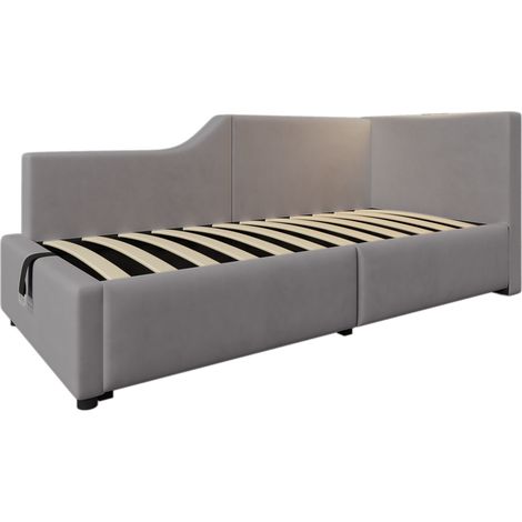 Cama diván 90x190 cm de terciopelo gris con almacenaje hidráulico, lámpara y USB-C (1/5)