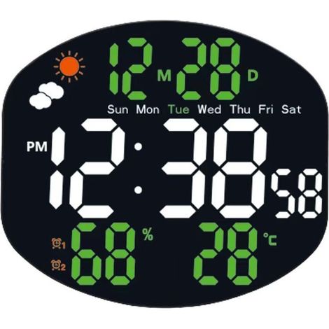Horloge murale numérique avec affichage LED des secondes, surveillance de la température et de l'humidité, grand écran, idéale pour le salon et la chambre (piles non incluses) (blanche et verte)