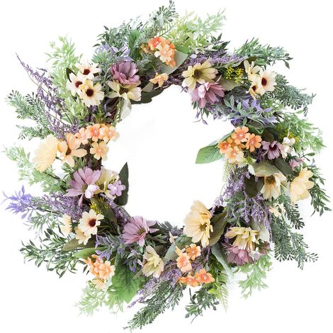 Künstlicher Sonnenblumenkranz mit grünen Blättern, ganzjährig verwendbar. Material: Rattan und Seidenleinwand. Durchmesser: 48 cm. Modell: Kranz. (1/5)