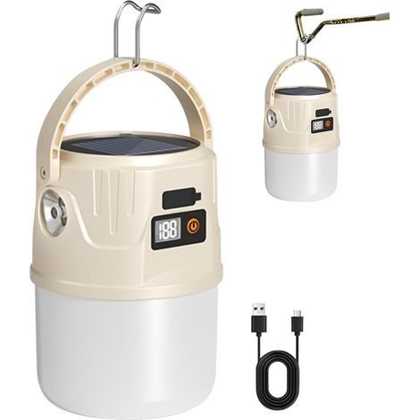 Lampe De Camping - Torche Super Lumineuse 2 Modes Affichage Batterie Panneau Solaire Etanche Avec Crochet Pour Extérieur (1/5)