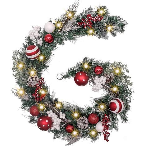 Guirlande De Noël Pré-Éclairée - 183 Cm - À Piles - Pour Intérieur Et Extérieur - Rouge - Avec Nœud Rayé Et Décorations En Plastique - 1 Pièce (1/5)